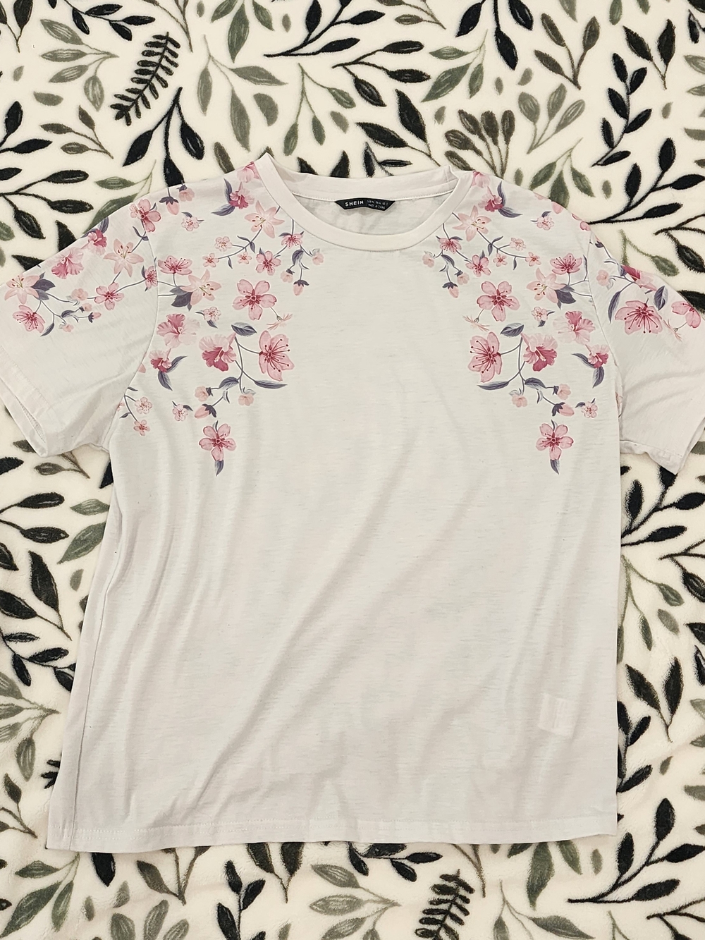 SHEIN White Tee with Pink Floral Shoulder